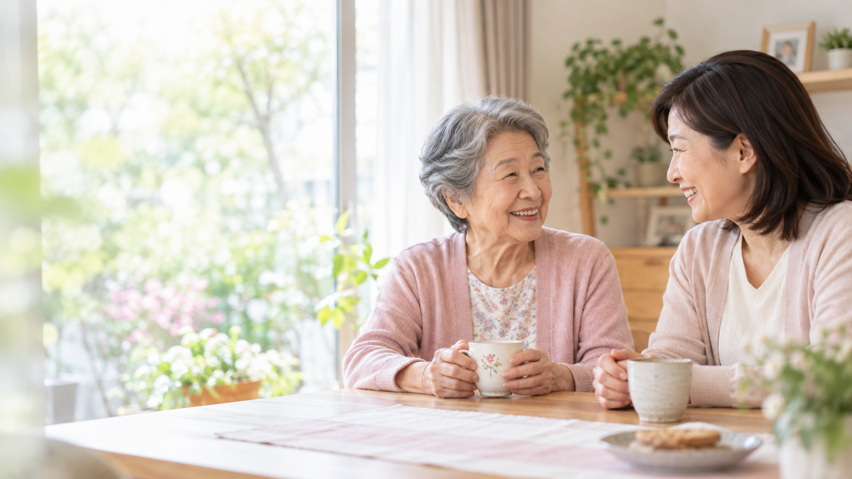 自宅で穏やかに話す高齢の女性とご家族